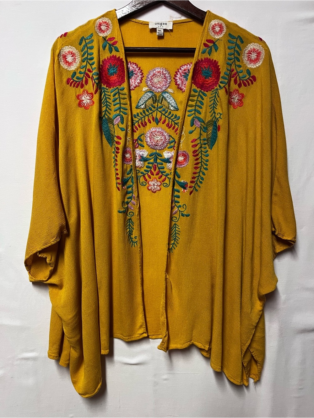 Umgee Mustard Yellow Floral Embroidered Kimono Cardigan M/L Oversized Boho Artsy - Picture 3 of 16